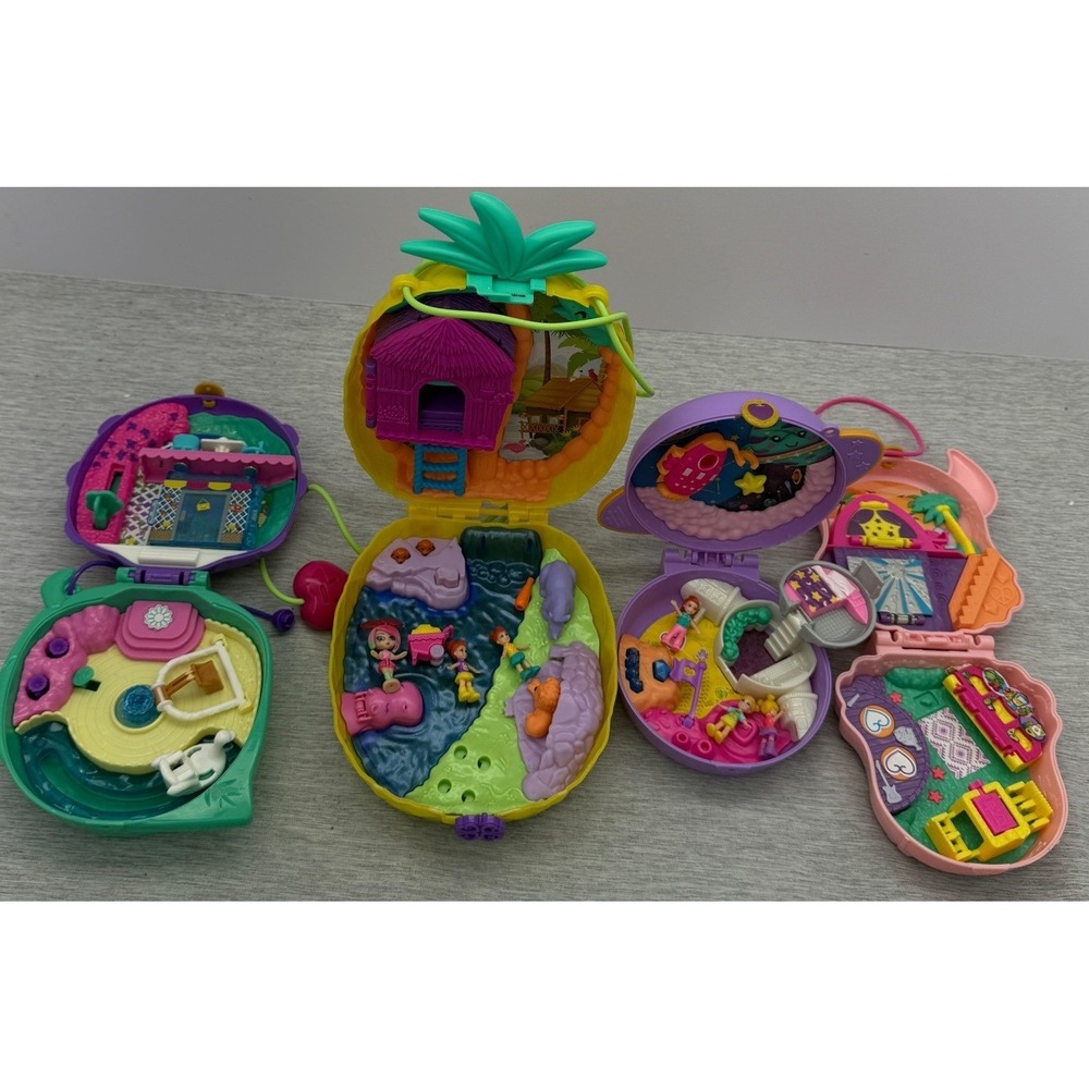 Polly Pocket Lot 4 Compacts Pineapple Saturn Ladybug Llama Playsets Figures